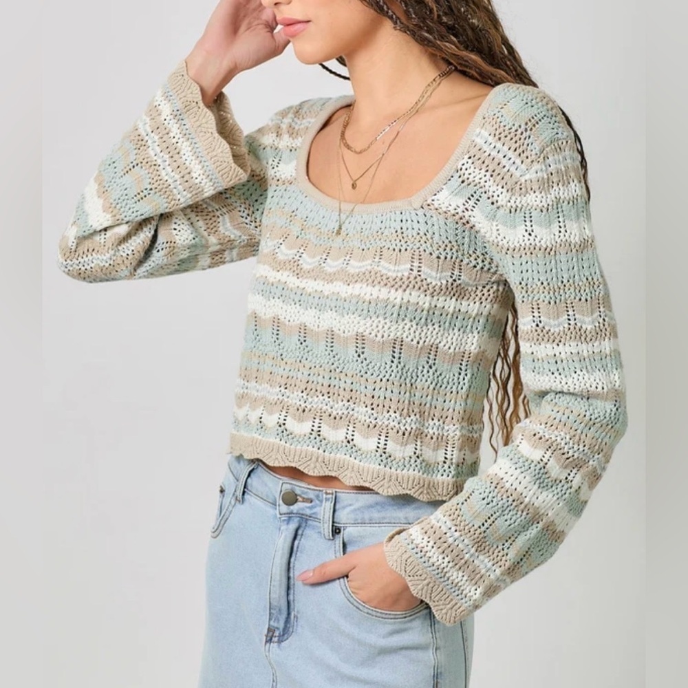 Hollister Sage and Cream Crochet Stripe Crop Top S